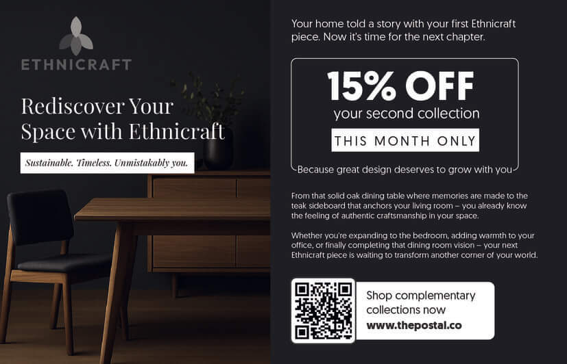 Ethnicraft furniture store postcard featuring modern home decor designs